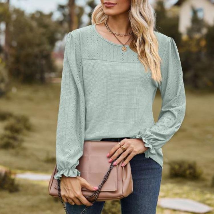 Breathable Mesh Long Sleeve Tops for Women Solid Color Puff Sleeve T Shirt Round Neck Casual Daily Wear