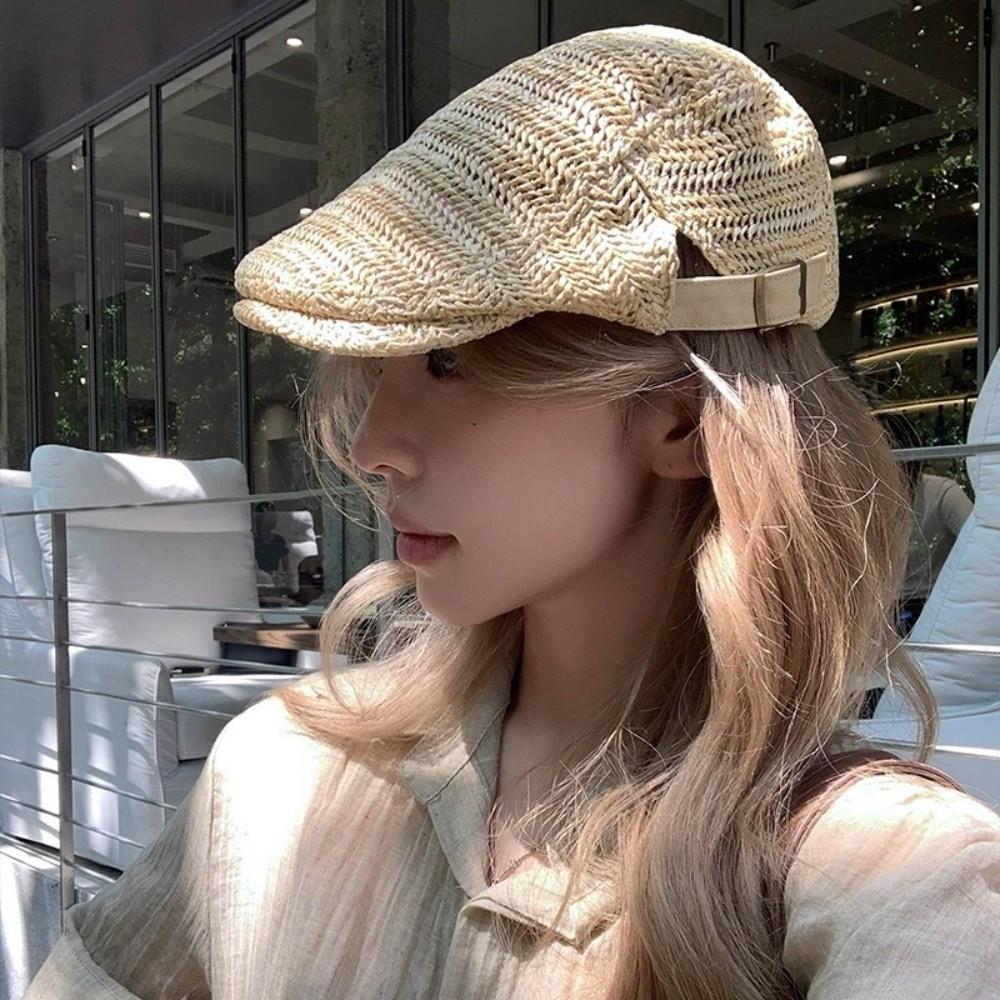 Hollow Straw Newsboy Cap Vacation Painter Beret Japanese Style Straw Beret  Travel