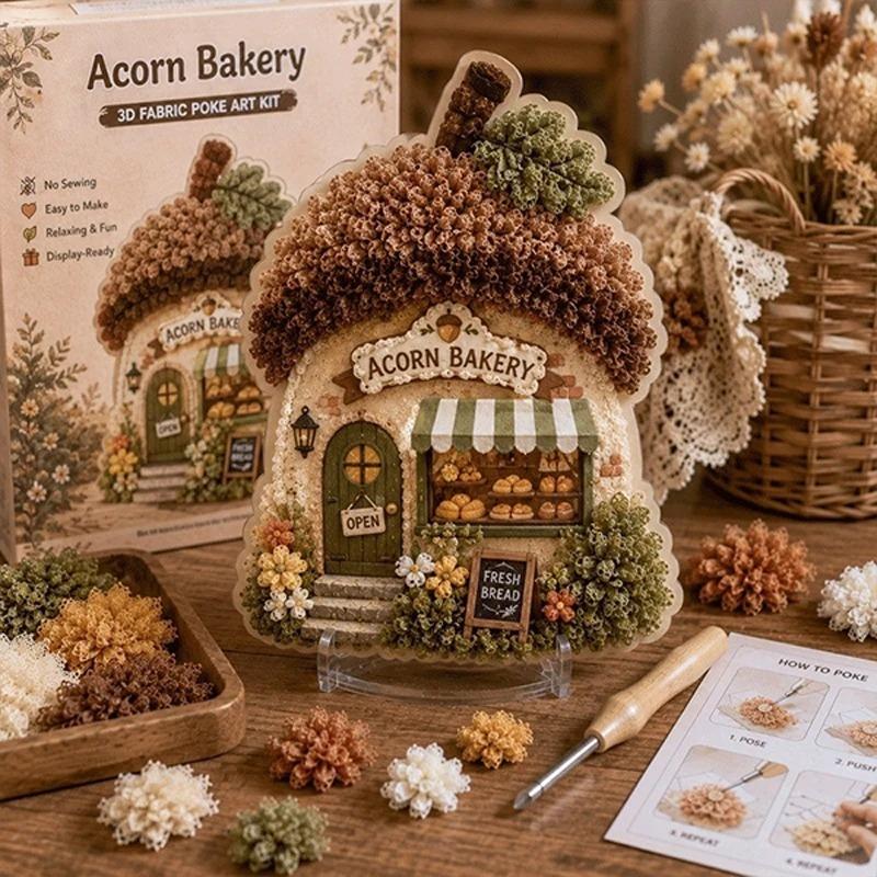 Whimsical Village Creative 3D Fabric Poke Art DIY Kit Mushroom Cottage Village Hand‑Poking Craft Making Set For Adults Beginners
