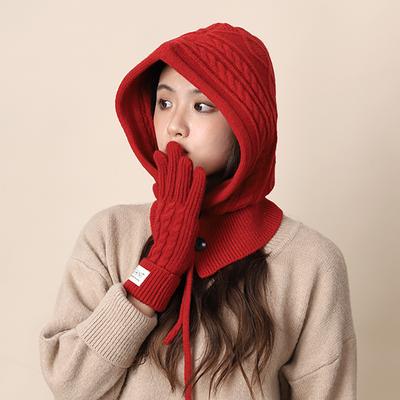 Vintage Red Balaclava Hat Women's Winter Warm Gloves Scarf Integrated Couple Ear Protectors Wool Knitted Hat