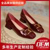Processing Custom Square Head High Heels Thick Heel Red Wedding Shoes Spring and Autumn Patent Leather Medium Heel Shallow Mouth Single Shoes