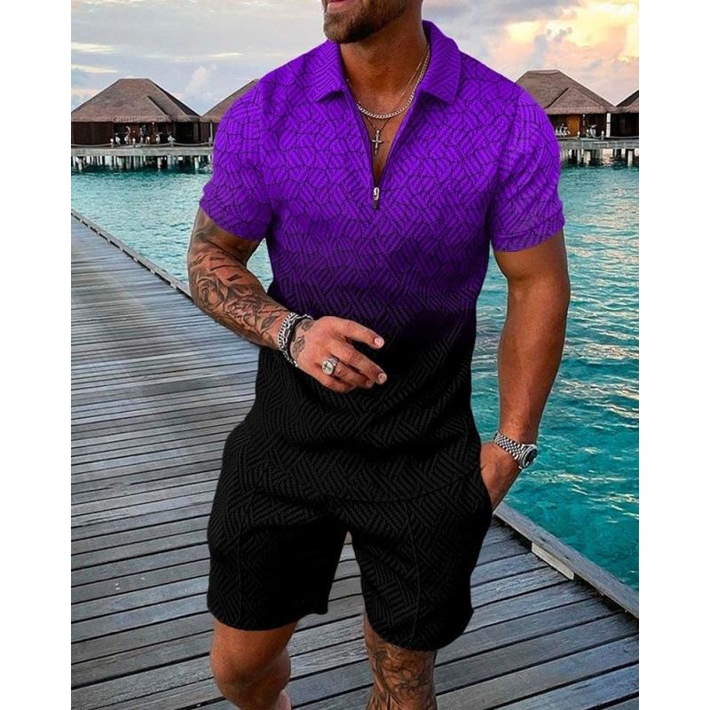 2025 summer men's 3D digital printing short-sleeved polo fashion sports and leisure suit foreign trade men's solid color