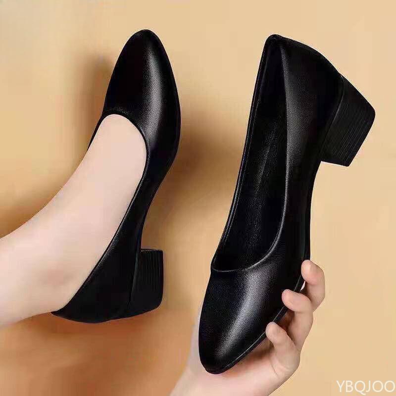 Low Heel Flight Attendant Work Shoes Black Leather Shoes Ladies Comfort Soft Soled High Heels Fashion Casual Women's Pumps Mujer