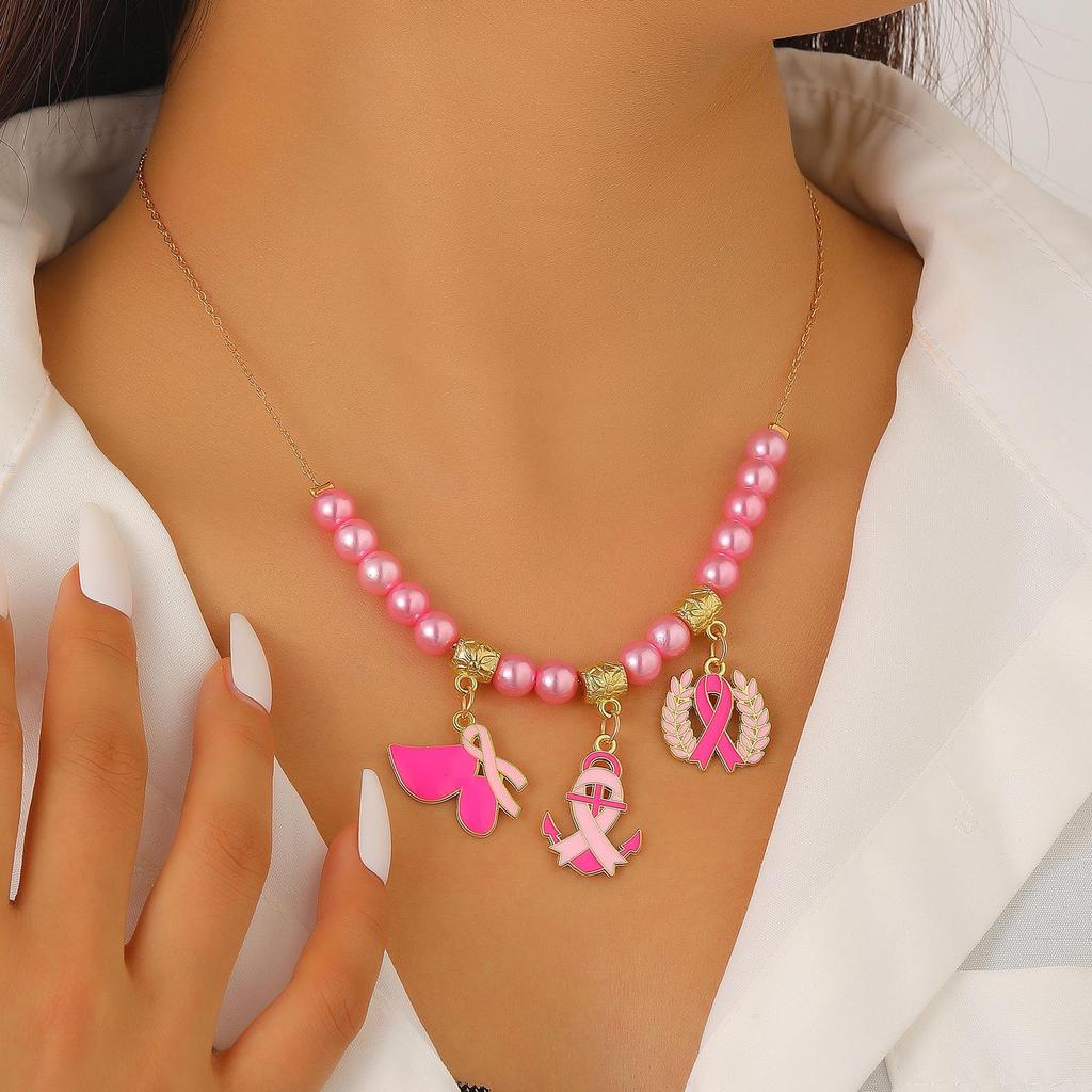 Breast Cancer Awareness Necklace & AIDS Prevention Bracelet with Red Ribbon Badge