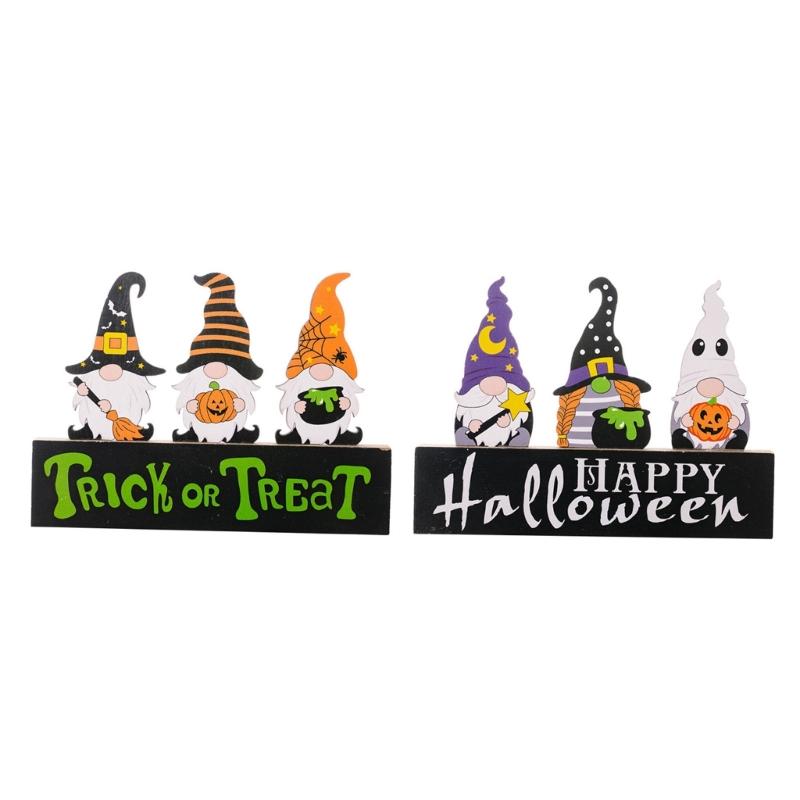 2Pcs Creative Halloween Gnomes Pumpkin Witch Figurines Wooden Block Table Sign For Festives Home Shelf Tiered Tray Decors