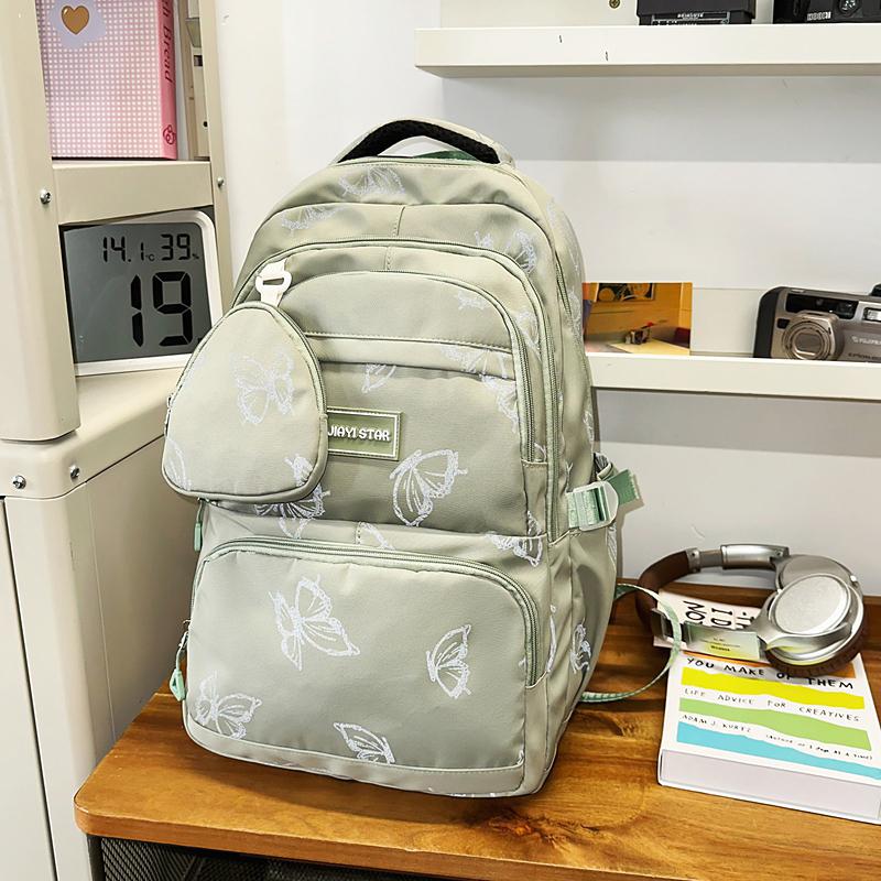Butterfly Print Junior High School Student Schoolbag Women's Large Capacity Travel Lightweight Backpack with Coin Purse