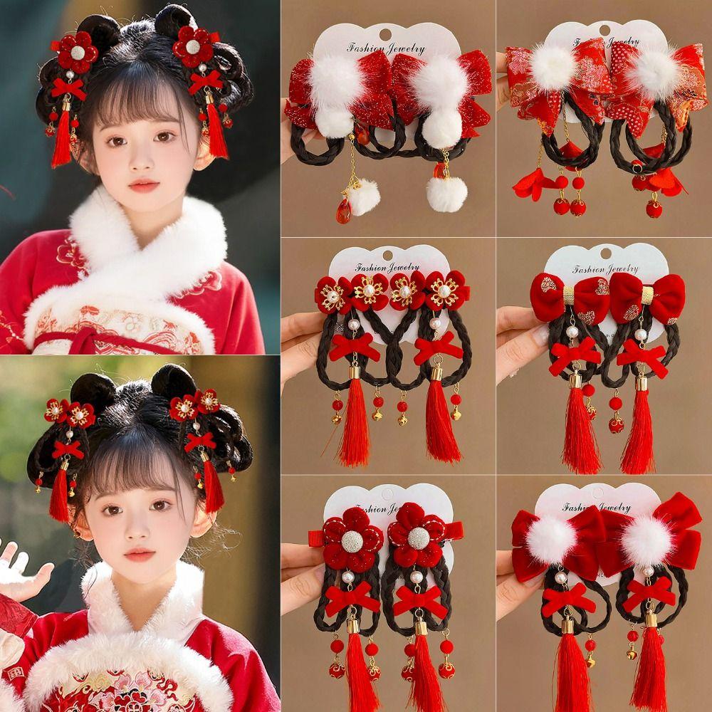 Tassels Chinese New Year Headwear Red Hanfu Hair Sticks Sweet Children Bow Wig Hairpin  Girls