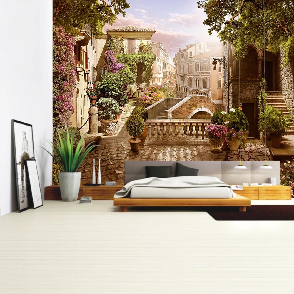 Balcony City Castle Hill Green Plant Landscape Printing Tapestry  Cheap Hippie Wall Hanging Bohemian Wall Tapestries