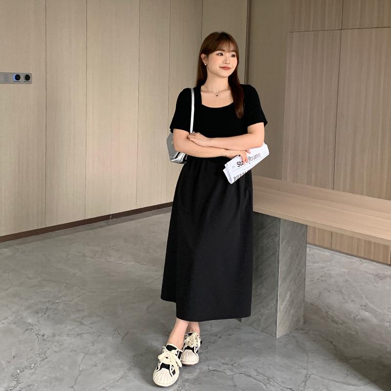 Chic Square Neck High Waist Plus Size Dress - 2025 Korean Summer Style, Tea Dress