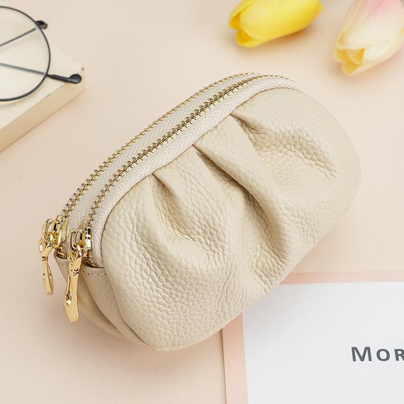 

Женский минималистский кошелек из натуральной кожи, небольшой, многофункциональный, с плиссировкой, с двойной молнией, стильный, практичный молочный белый