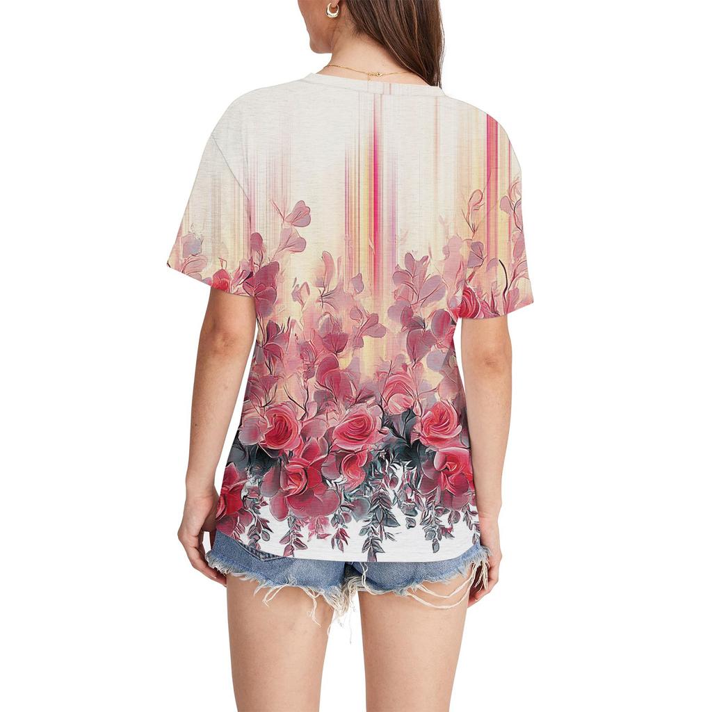 Women's Fashion Pocket V-neck Short Sleeve Plant Floral Print T-shirt Top