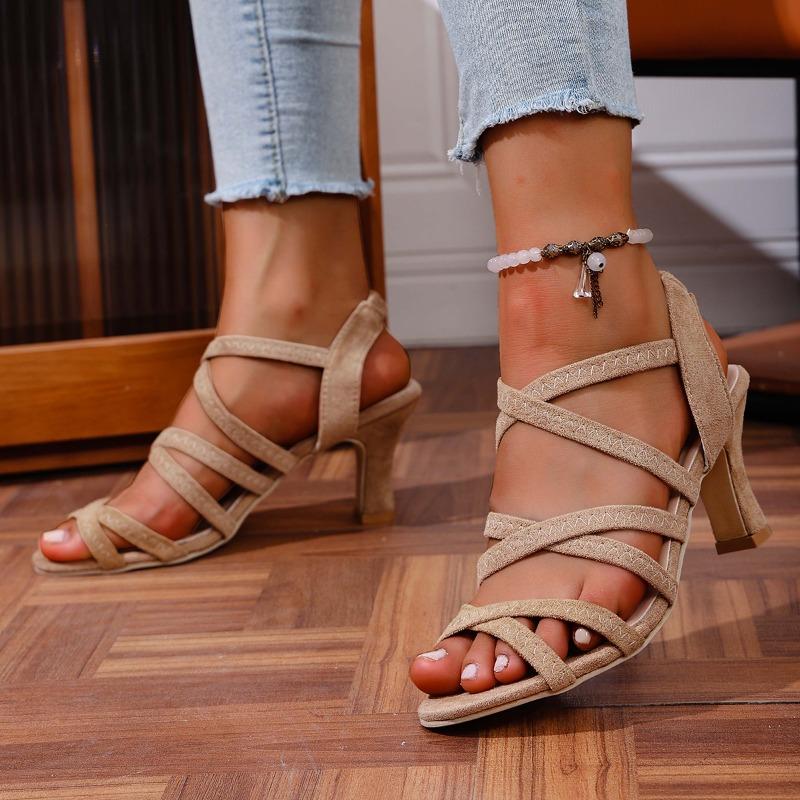 

Модные туфли-босоножки на высоком каблуке, новинка осени, с круглым носком, из замши, с перекрестными ремешками, слипоны, противоскользящие, износостойкие, на шпильке 43 бежевый