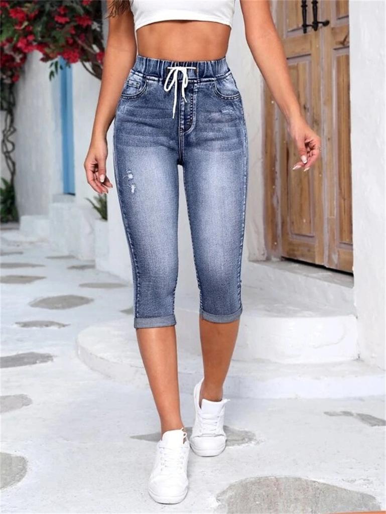 Damen Mode Denim Jeans Shorts Kordelzug Hohe Taille Stretch Knielang Zerrissenes Loch Lässig Kurze Jeanshosen