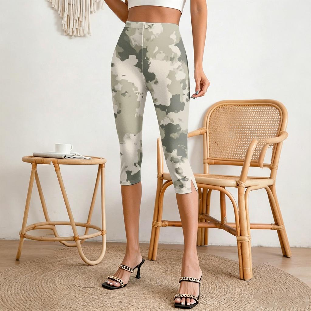 Damen High Waist Caprihose mit elastischem Bund, Slim Fit, lässig, dehnbar, verkürzte Leggings mit seitlichen Schlitzen für den Alltag