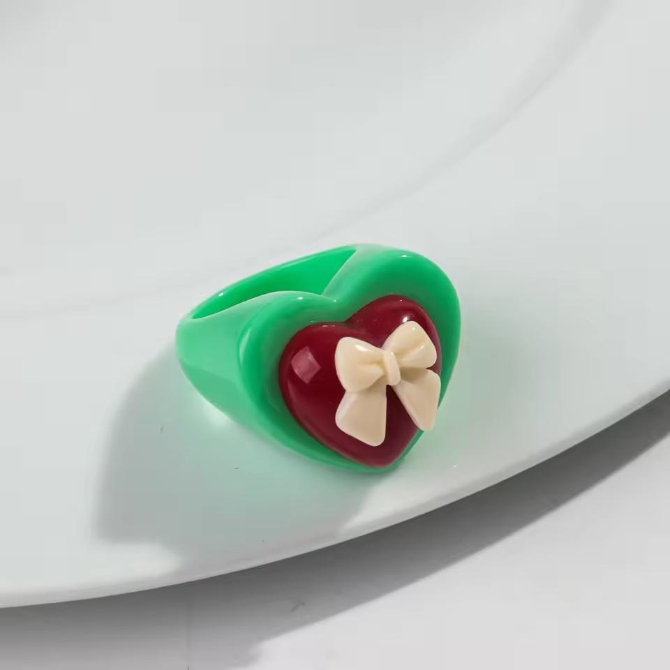 Cute Chunky Heart Acrylic Finger Rings for Women Trendy Multicolor Resin Love Bowknot Stack Ring for Women Party Jewelry Gifts
