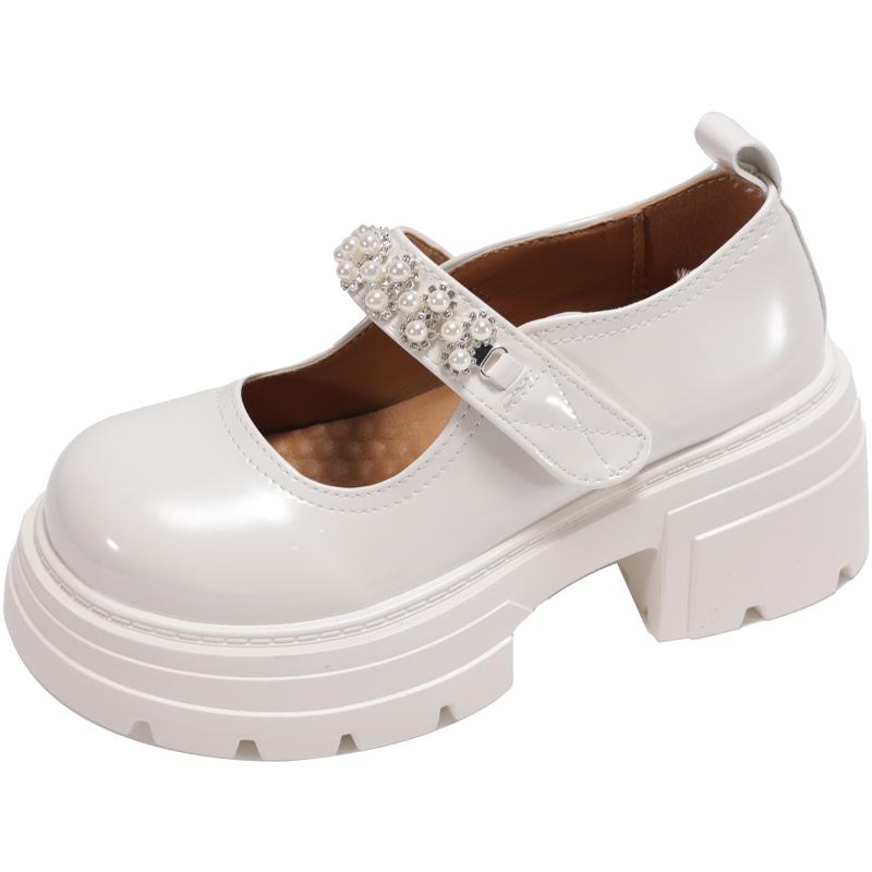 

Fashion Block Heel Mary Jane Single Shoes Women s Fashion Round Toe Shallow Slip Rhinestone Strap Platform Single Shoes 40 бежевый