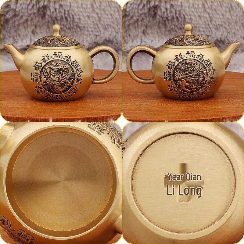 Brass Dragon & Phoenix Teapot Set: Chinese Tea Ceremony Decor & Metal Handicrafts