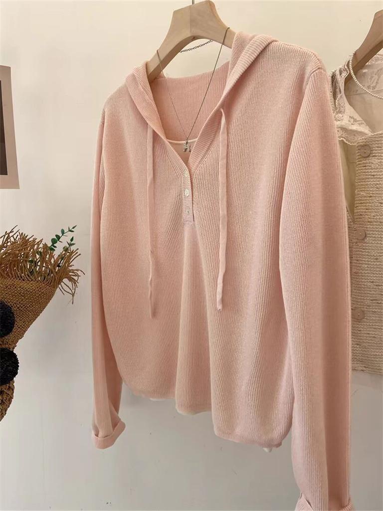 Classic group! Trendy fake two-piece half-open button hooded Tencel hemp knitted sweater hoodie women's short top tide