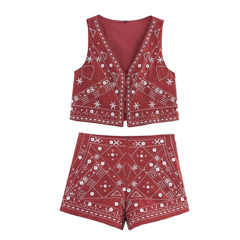 Kaslead New Women Clothes Western Style Mirror Effect Embroidery Vest Shorts 5770029 5770027