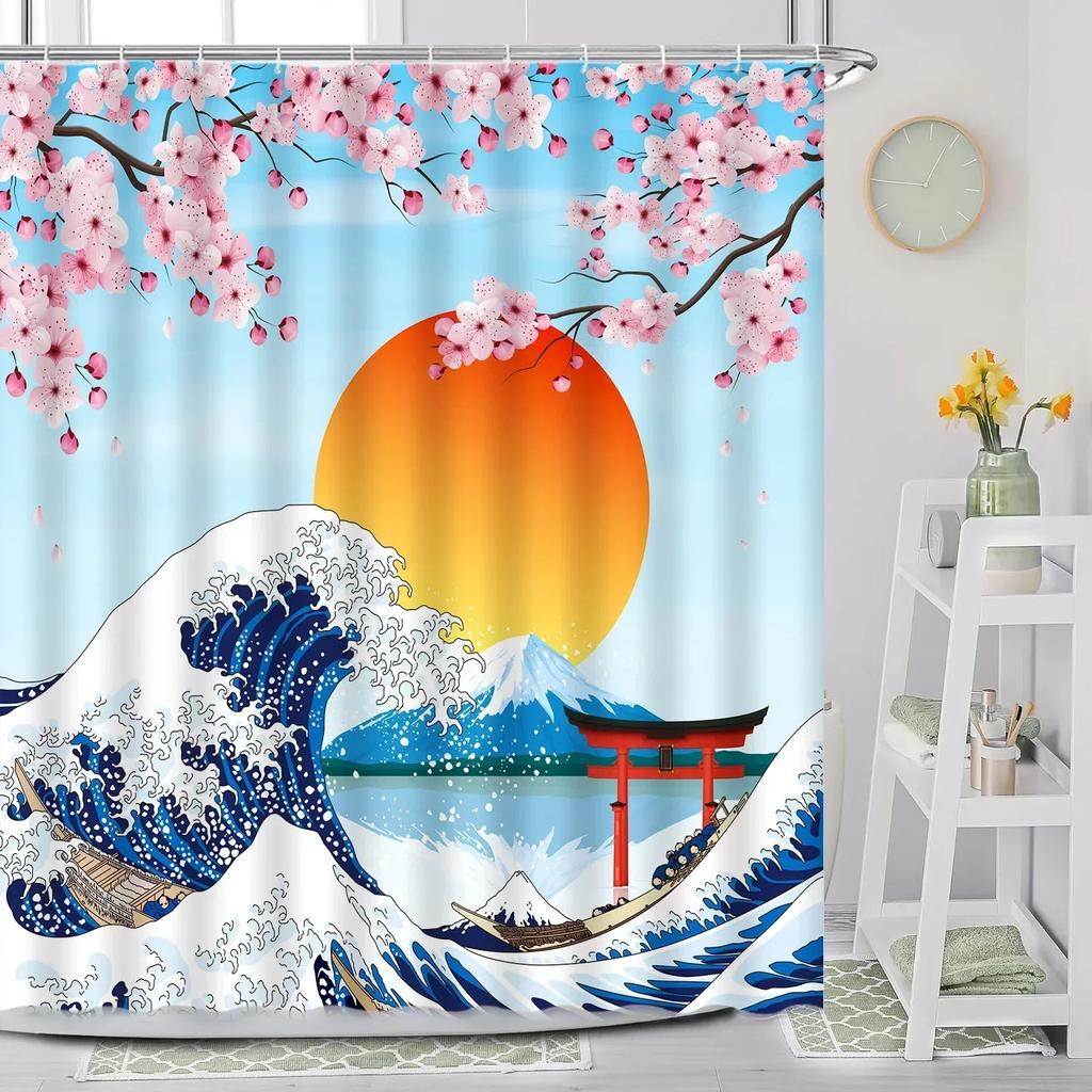 Japanese Shower Curtain, Sea Waves Cherry Blossom Red Sun Anime Kimono Woman Mount Fuji Landscape Ink Crane Bird Bathroom Decor