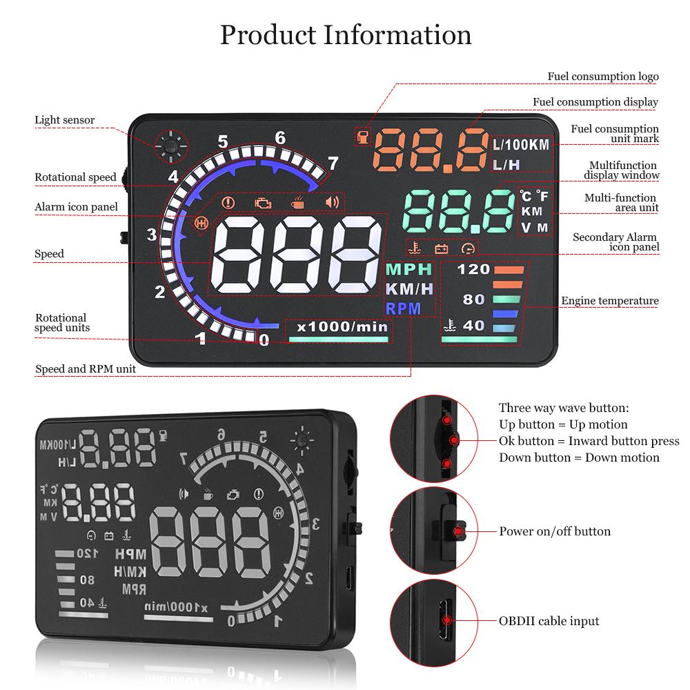5.5'' OBD Car Head Up Display A8 Windshield Speed Projector For HUD Speed Water Temp RPM Voltage Digital Speedometer Gauge