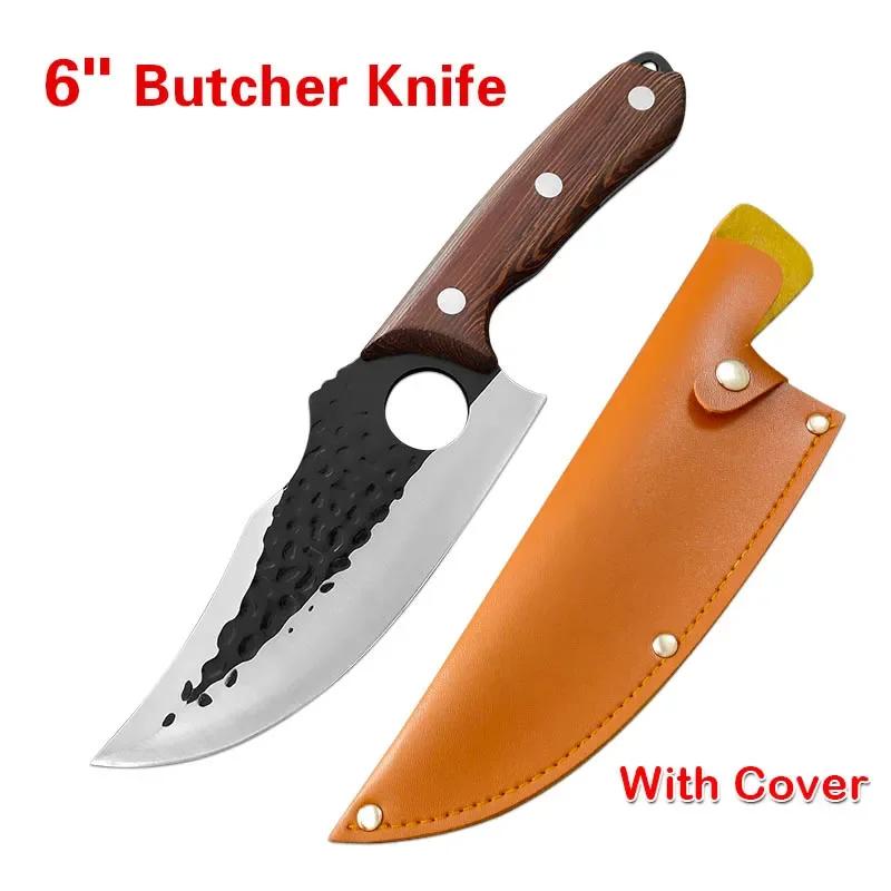 

С отверстием для пальца, нож для разделки мяса, топор для резки овощей, кухонные ножи, кованое вручную лезвие, поварской нож для нарезки, деревянная ручка