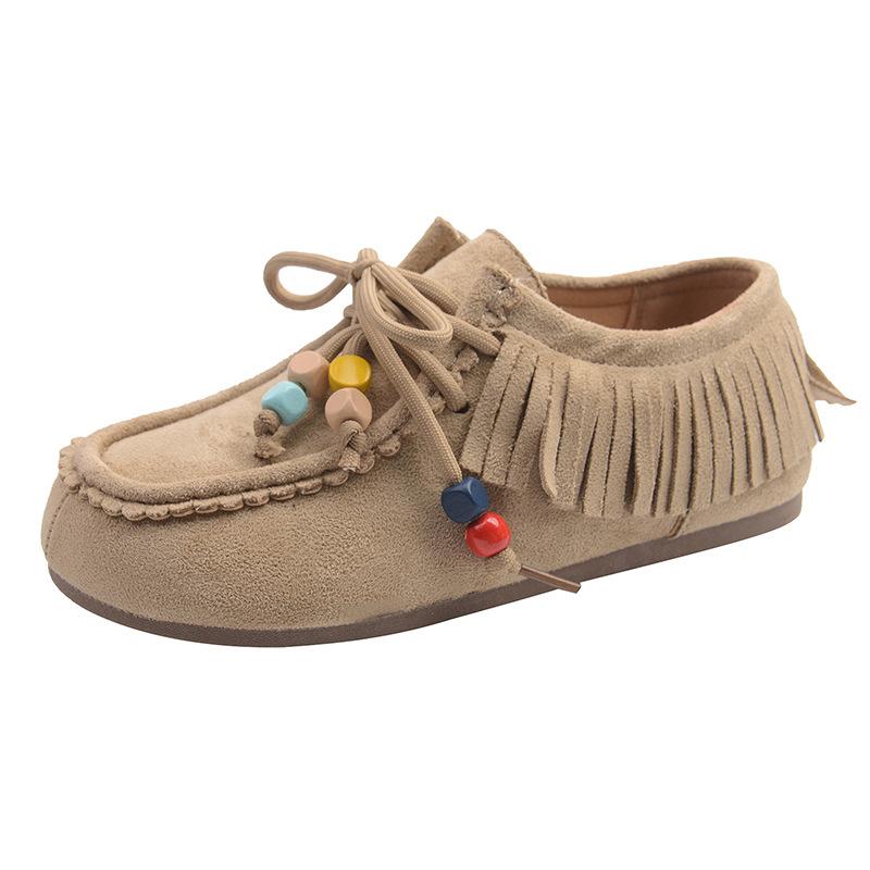 Retro tassel beaded women's new versatile comfortable lazy one-pedal casual kangaroo shoes