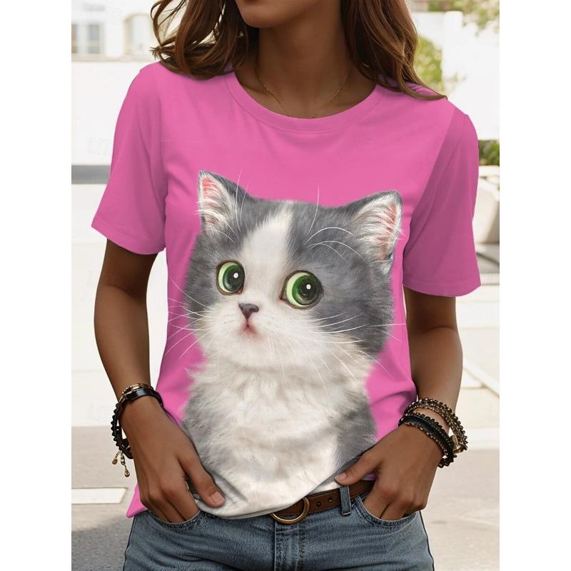 Women's Retro Cat Pattern T-shirt Cute Fashion Short-Sleeved Round Neck Top Regular Fit Daily Weekend Print Blue Summer Spring