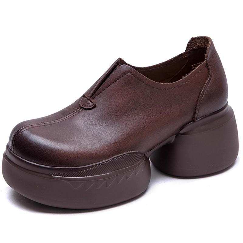 Fashion GKTINOO 2025 Spring Autumn Thick Sole Genuine Leather Shoes Comfortable Wedges Handmade Retro Women Shoes Slip On Pumps