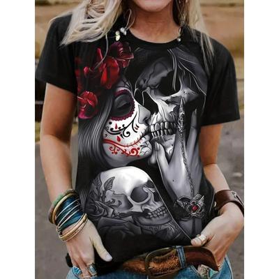 Summer Women's T-shirt Round Neck Fashionable Casual Top Black 3D Rose Skull Print Creative Short Sleeved T-shirts