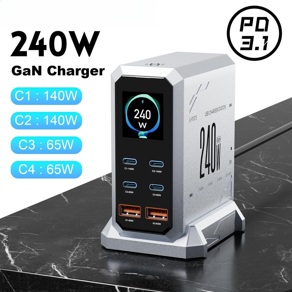 Stazione di Ricarica Rapida da Scrivania Digitale GaN da 240W con PD3.1 140W, 6 Porte USB Type C per IPhone Samsung Xiaomi MacBook Laptop