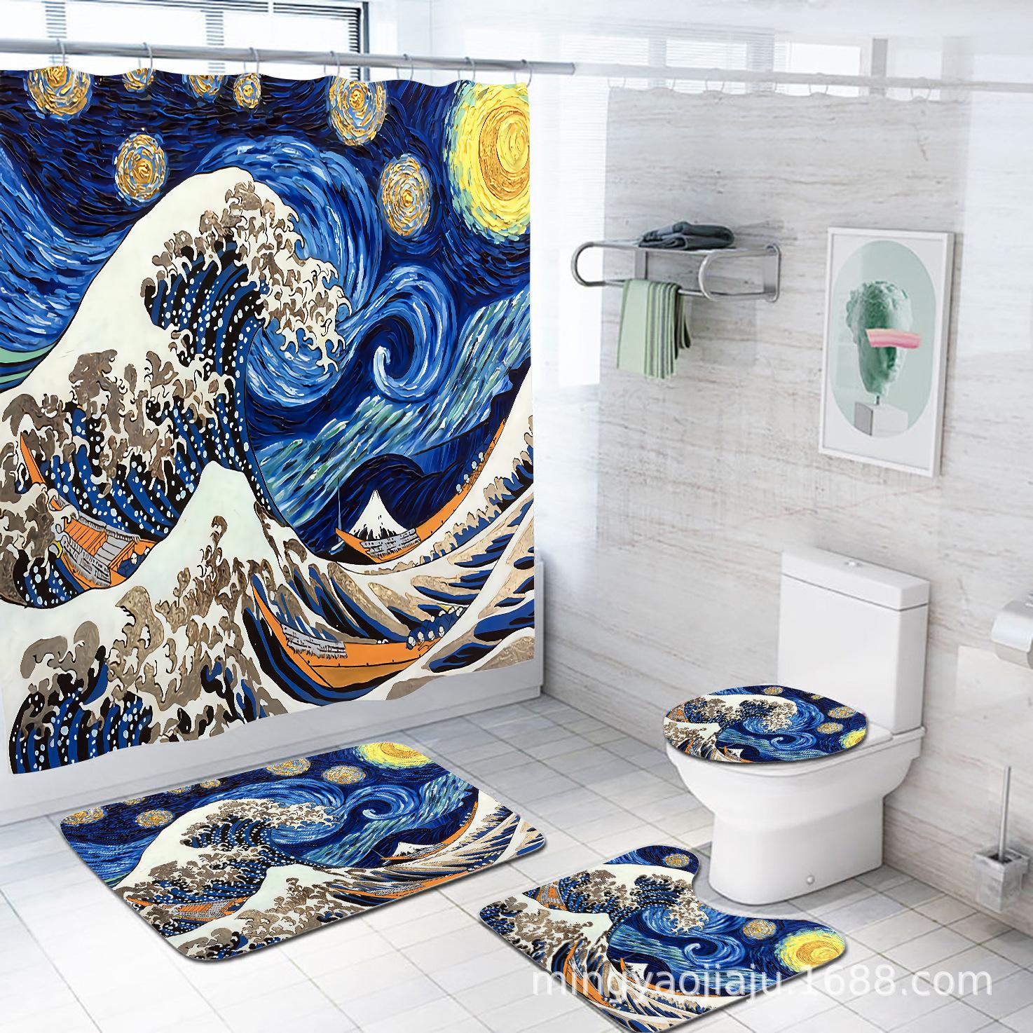 

Digital Printing Shower Curtain Bathroom Partition Curtain Bathroom Floor Mat Four-Piece Set Three-Piece Set Floormat40x60cm