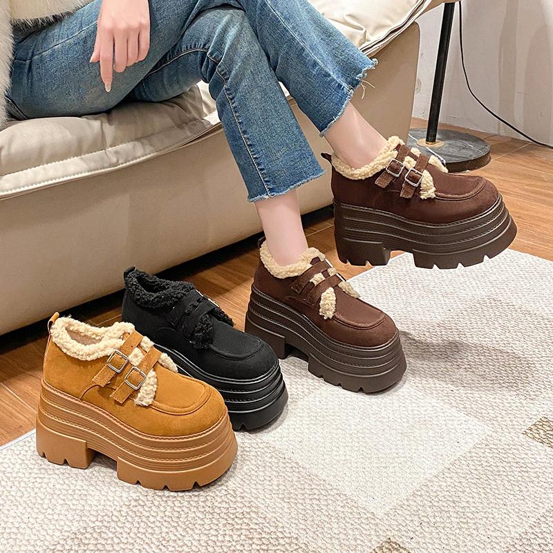 New Winter Chunky Casual Snow Shoes Woman 10CM High Platform Wedge Heels Warm Fur Sneakers Fashion Women Buckle Leather Shoes