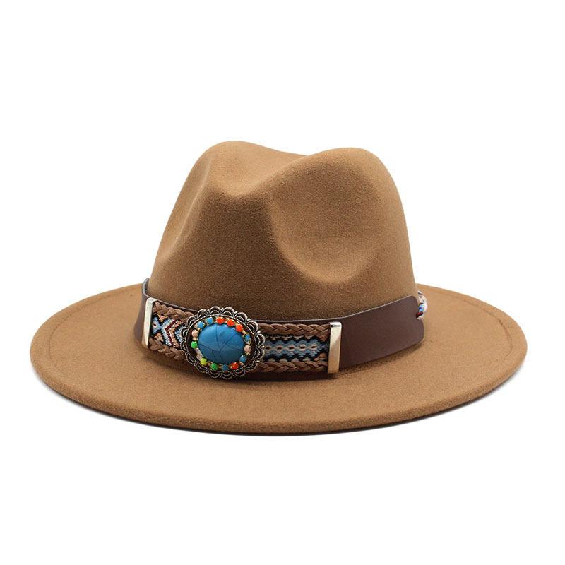 Ethnic Style Flat-Brimmed Big-Eave Hat Straight-Brimmed Jazz Hat Woolen Top Hat