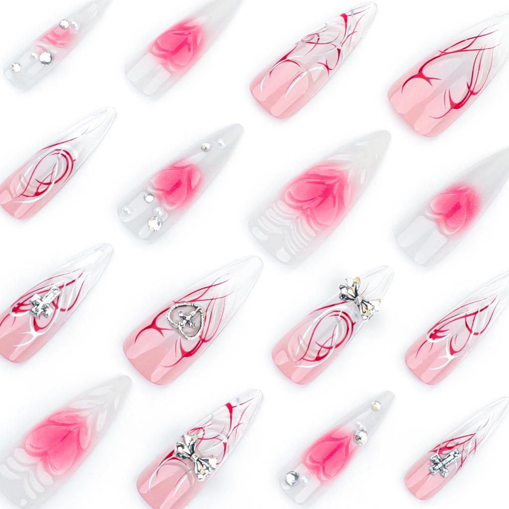 3D Bow Spicy Girl Nails: Long, Pointed, Gradient Heart Press-On Nails