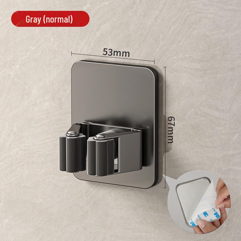 Stainless Steel No-Drill Mop & Broom Holder with Hooks - Wall-Mounted, Strong Adhesive Storage Clip