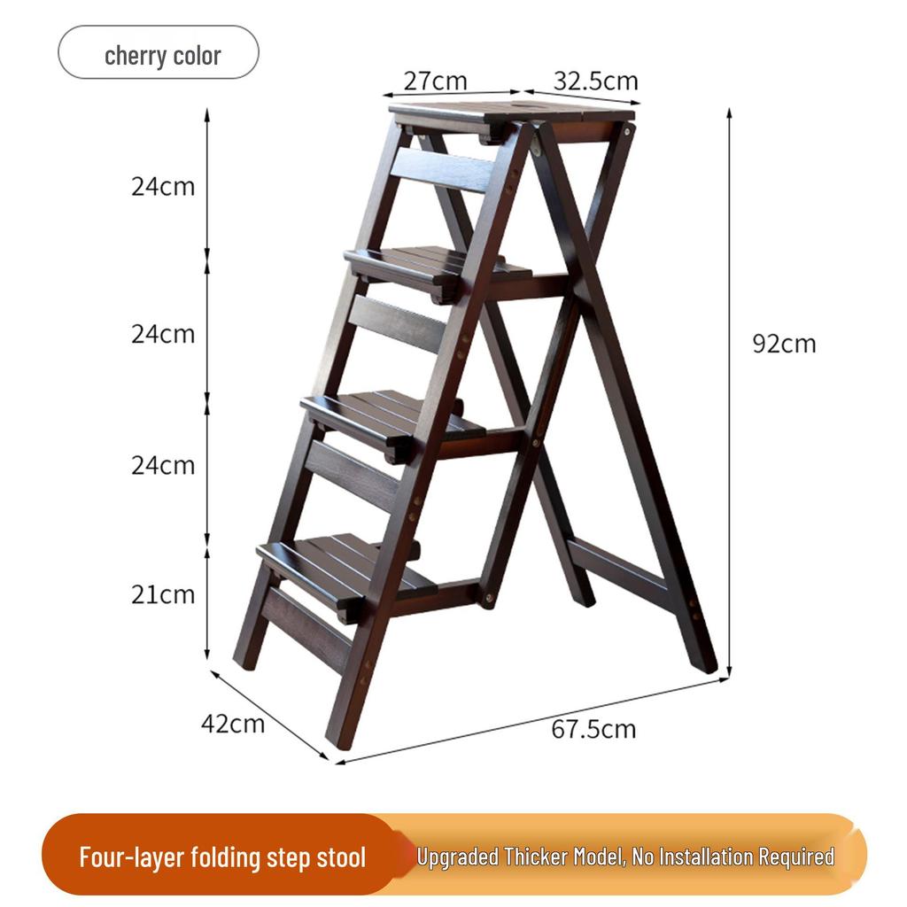 Solid Wood Foldable Ladder with Non-Slip Steps - Multi-Functional, Portable, Stackable, and Ideal for Household Climbing and Storage.