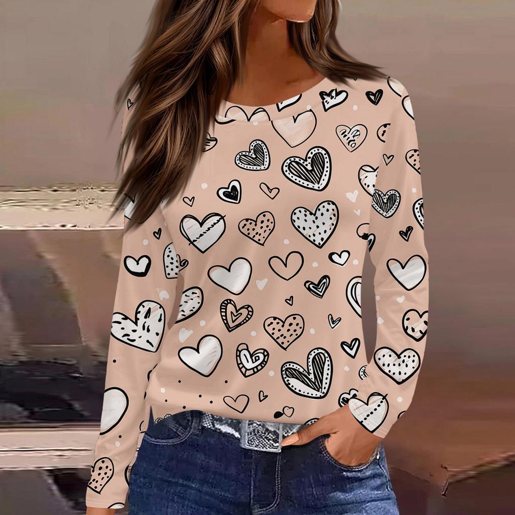 Women's Fashionable Long-Sleeved Round Neck Top with Slit Hem and Valentine's Day Heart Print