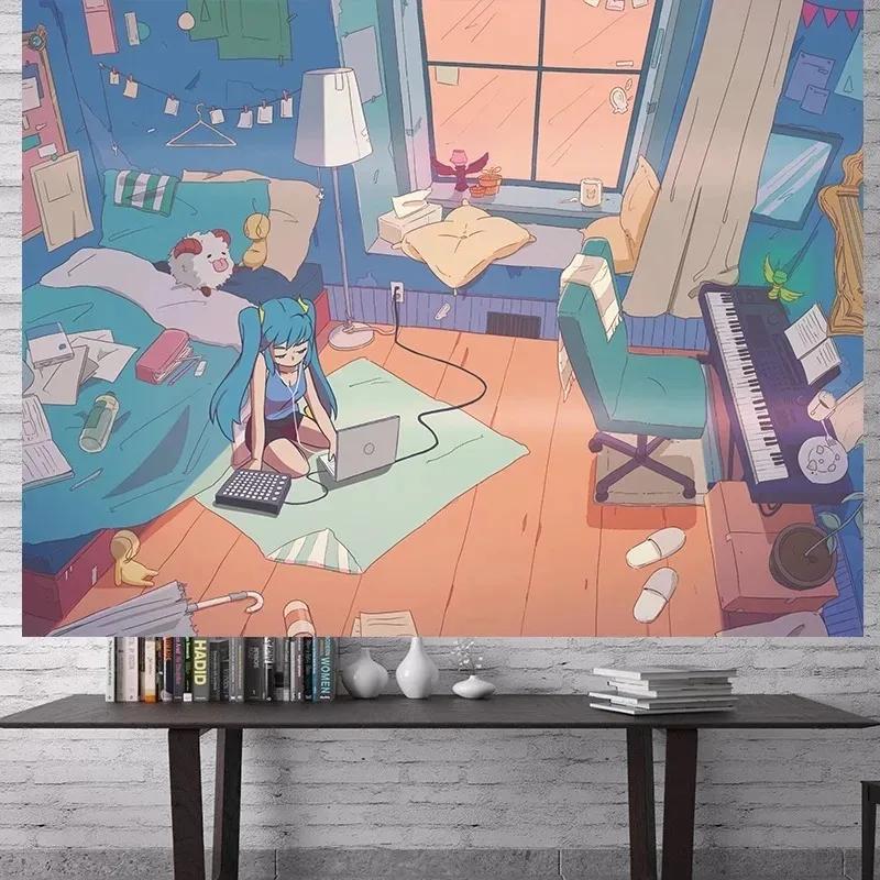 Wandteppich mit Comic-Dienstmädchen, für Büro, Wohnzimmer, Zuhause, Wanddekoration, Wandteppich