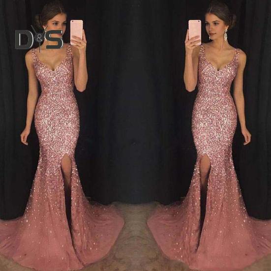 Dámské večerní šaty Hluboký lem s výstřihem do V Flitr Úzký rybí lem Zadní díl Zapínání na zip Bez rukávů Plesové Koktejlové Společenské šaty Plesové šaty v délce po zem