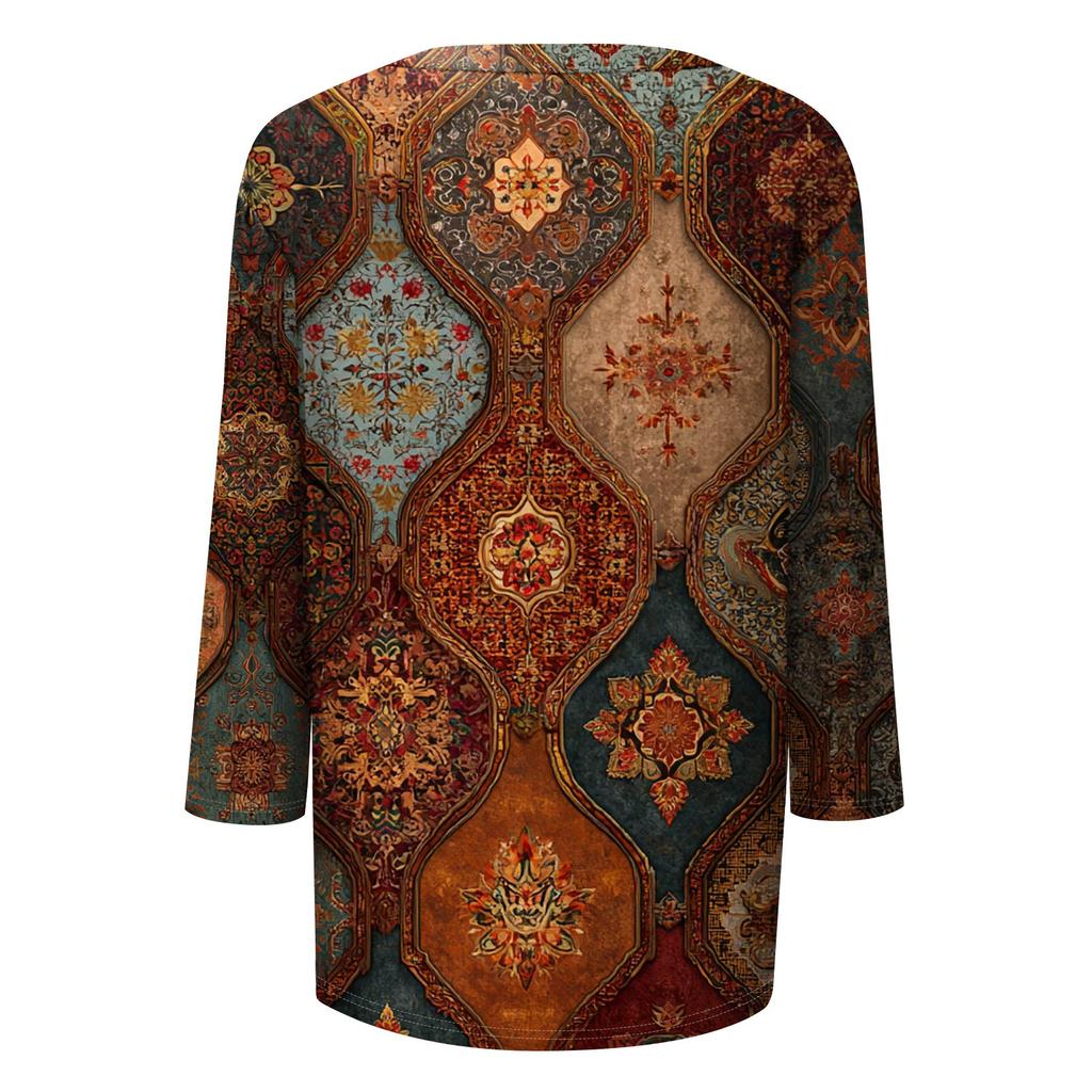 Top de Manga 3/4 Vintage de Moda Para Mujeres, Blusa Camiseta Estampada de Manga Tres Cuartos Casual para Damas con Cuello Redondo