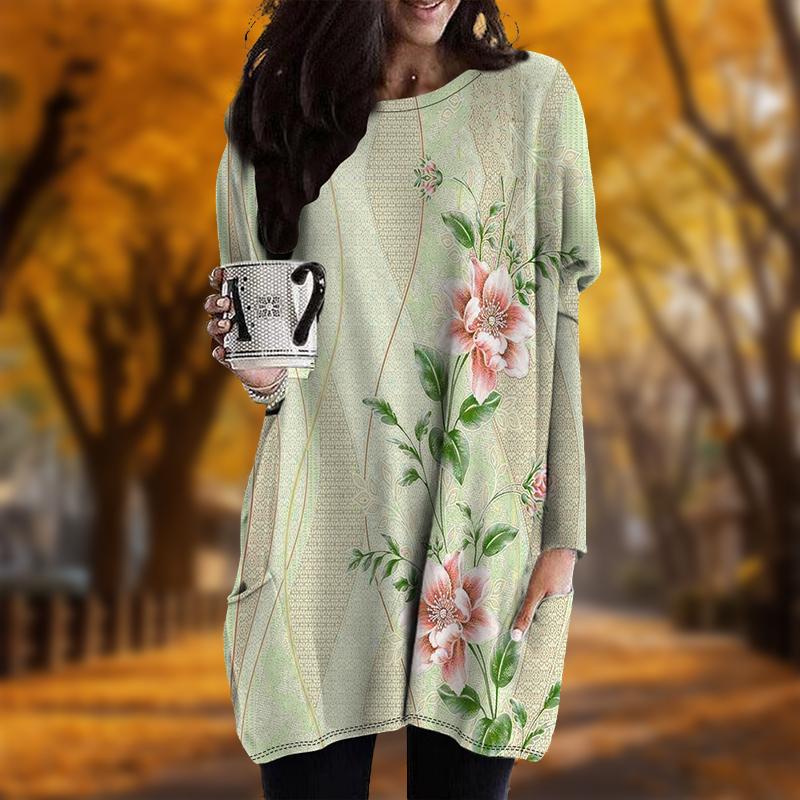 

Новинка осени Минималистичный растительный принт Плюс Размер Платье Женское O-образный вырез Длинные рукава Повседневные Карманные Платья 8XL оранжевый