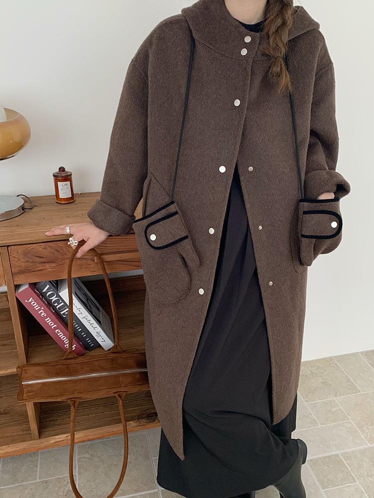 

2025 новое женское длинное шерстяное пальто с капюшоном и двусторонней фактурой, с перчатками, осенне-зимнее, свободного кроя, высокого класса S кофейный