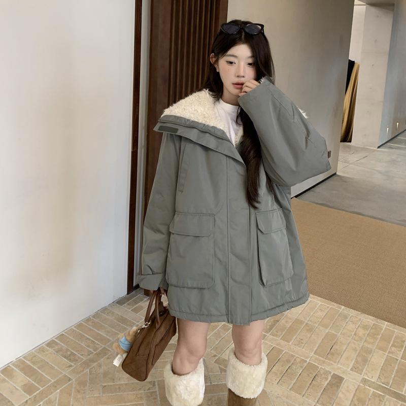 Fleece pie overcome women's new winter medium and long super good-looking cotton-padded jacket small tooling cotton-padded jacket thick