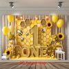 2D Flat Bee 1st Birthday Backdrop "ONE" with Honeycomb and Sunflowers Photography Background