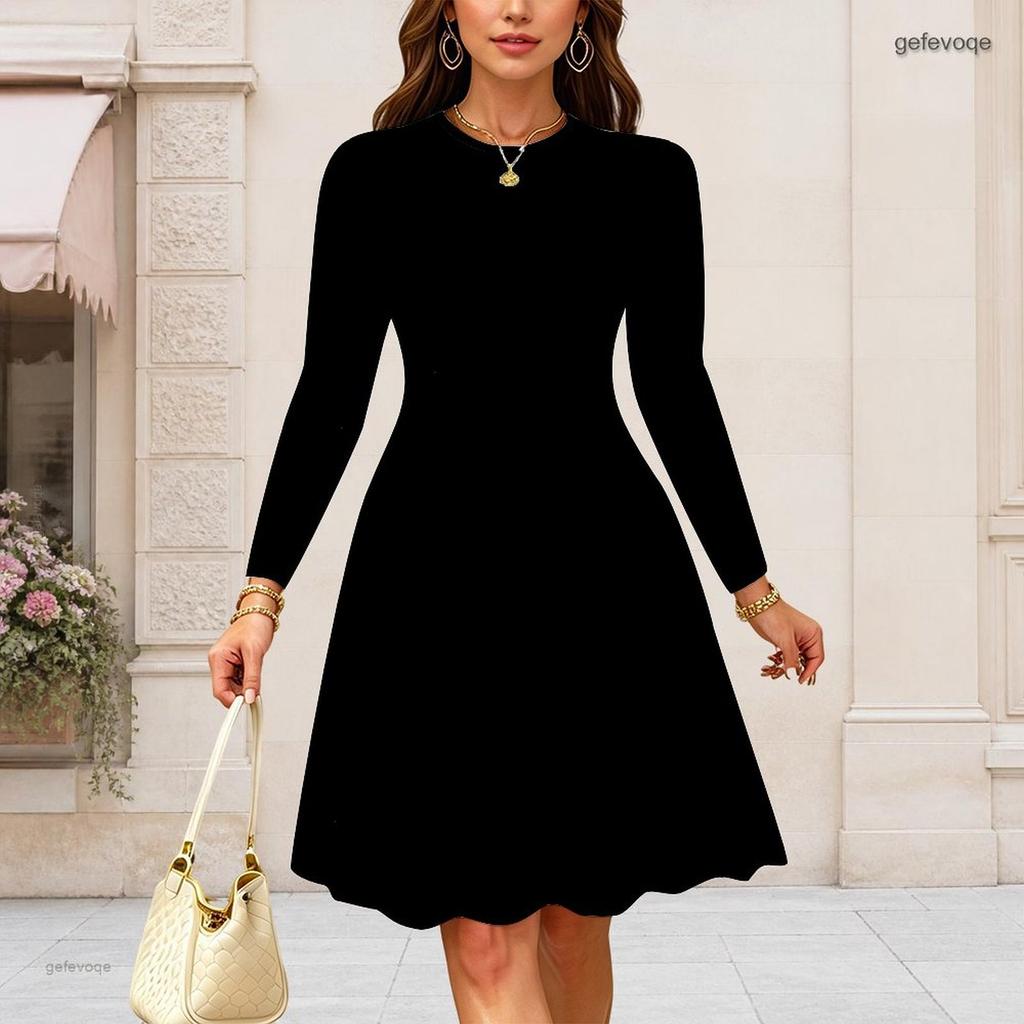 Women Plus Size Round Neck Long Sleeve Gathered Waist Printed A Line Flared Dress