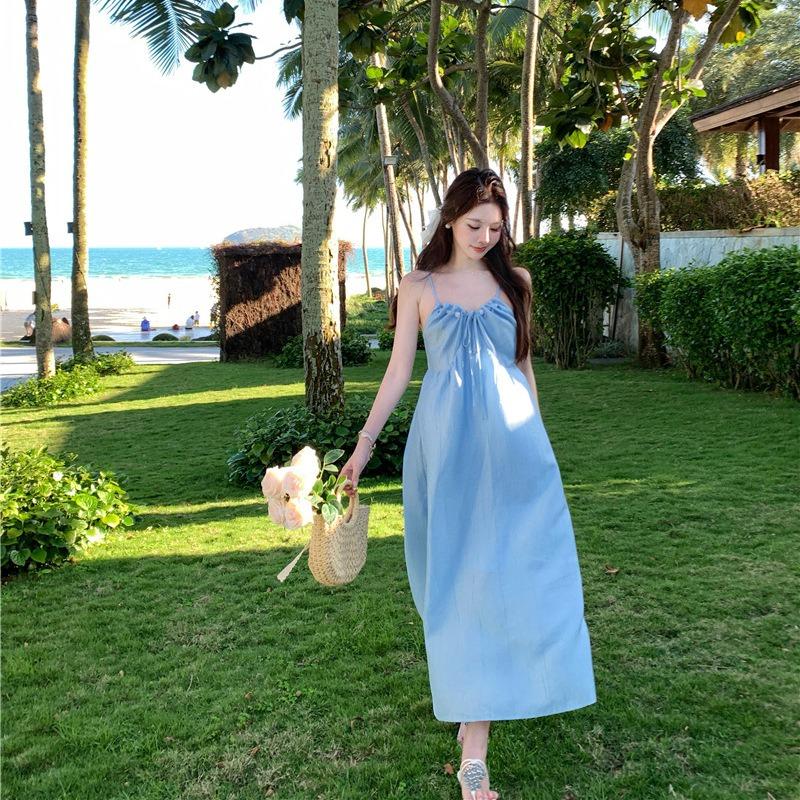 Blue Vacation Suspender Dress Women's Seaside Photo Backless Neck Simple Design French Temperament Long Dress Summer