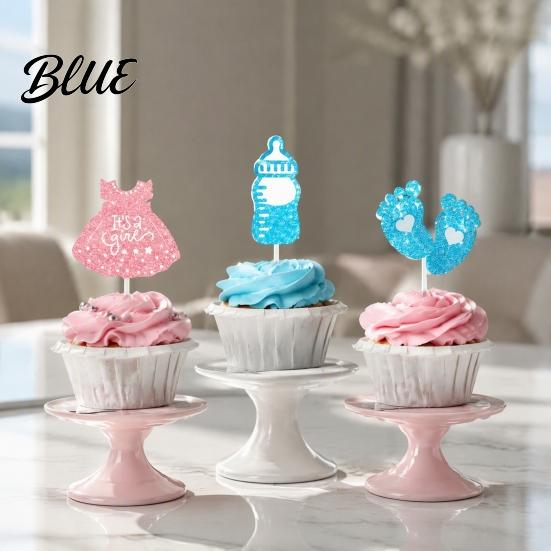 Glitter Paper Baby Theme Picks 12Pcs Boy Girl Birthday Cake Toppers Themed Cupcake with Party Supplies Bottle Stroller Bow Suit Cardboard