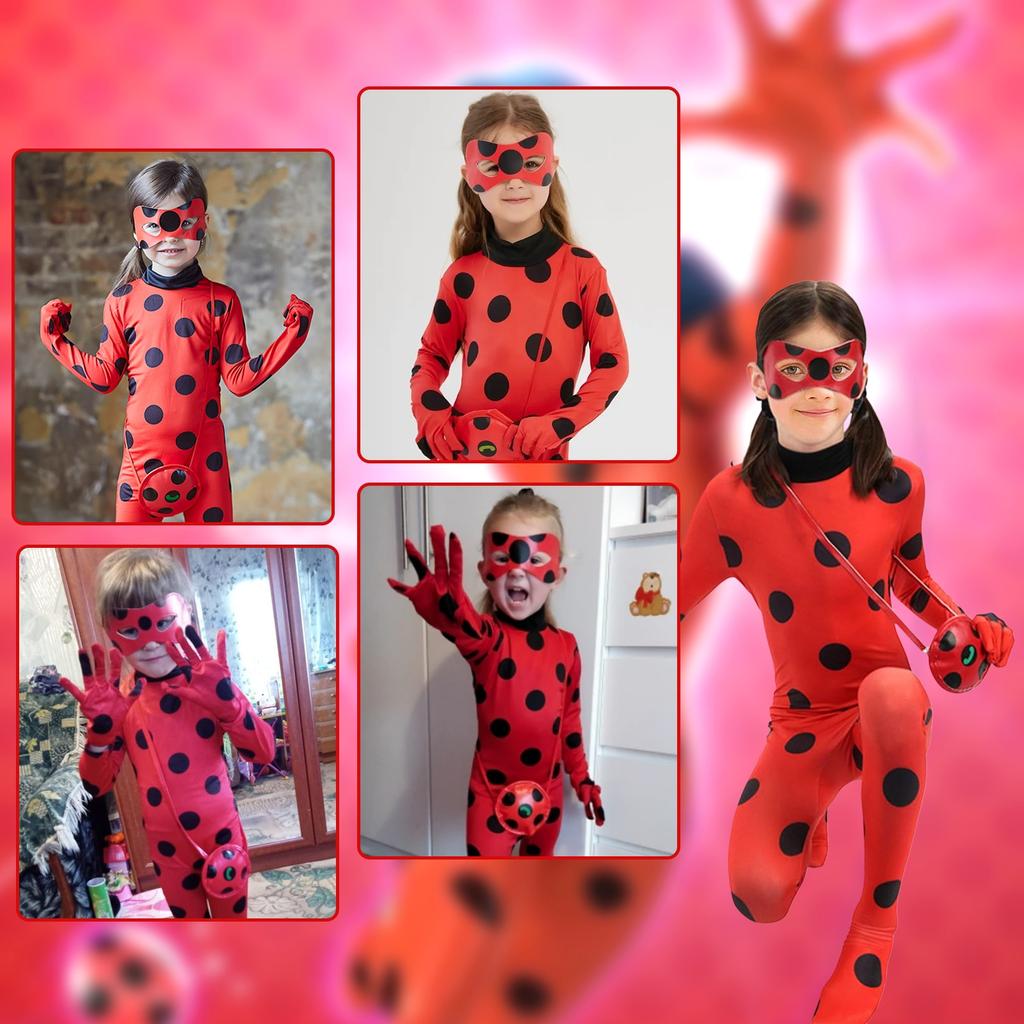 Miraculous Ladybug Costume for Kids, 4-5 Years, with Wig, Mask & Bag, Jumpsuit Style, Cosplay Outfit
