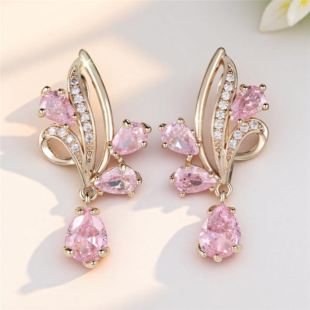 Cute Female White Pink Red Zircon Stone Hoop Earrings Luxury Gold Color Wedding Jewelry For Women